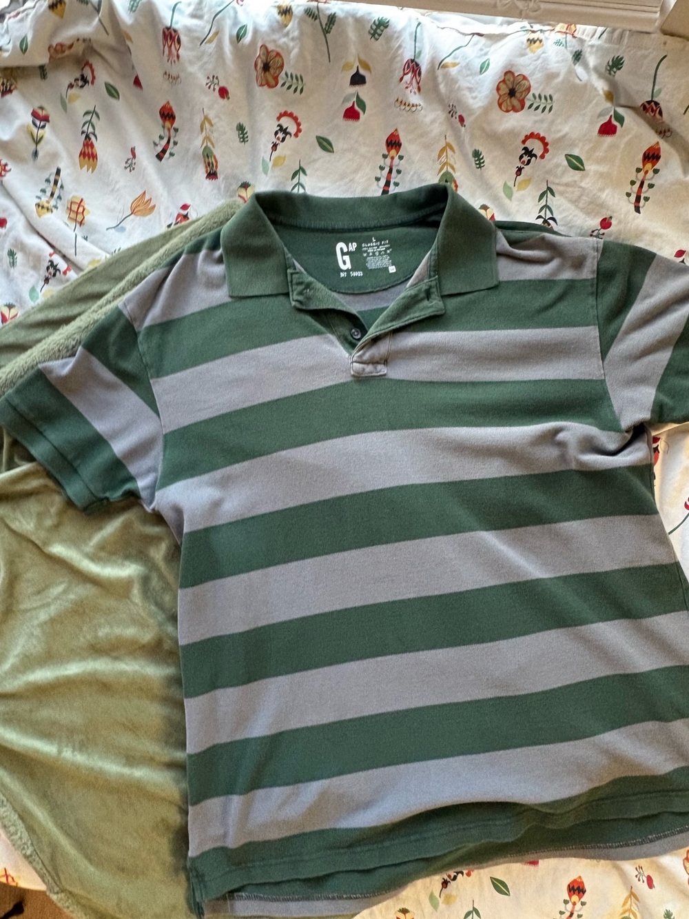 GAP Men's Green and Gray Wide-Stripe Polo